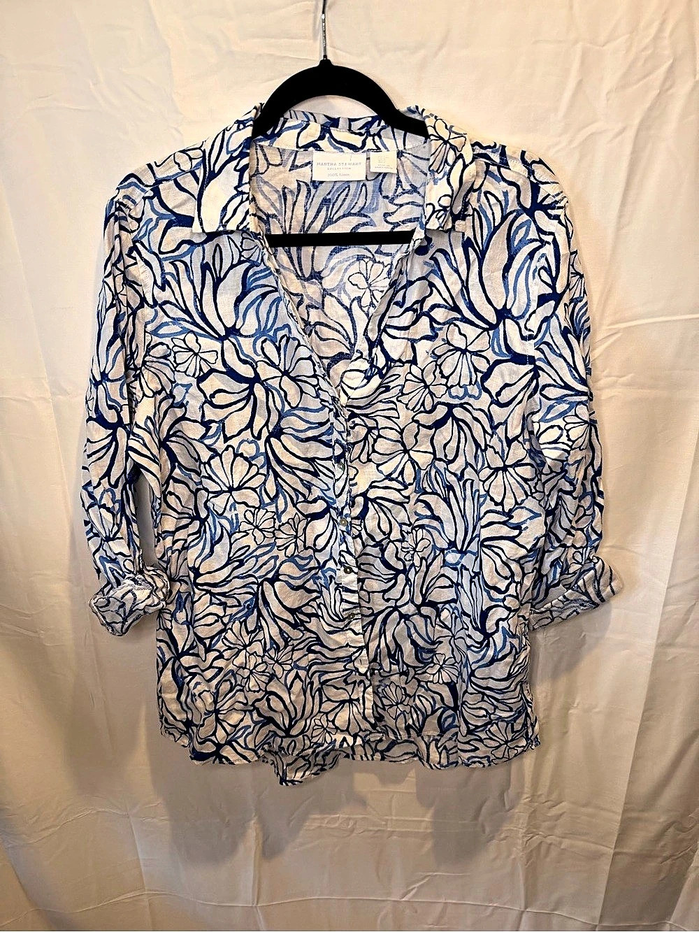 Martha Stewart Collection Floral Button-Down Shirt in White & Blue Size L